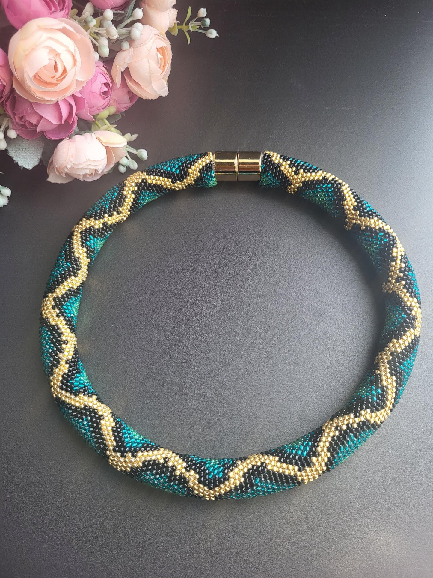 Handmade Beaded Snake Necklace – Gold, Black and  Azure Tones, Statement Jewelry, Tube Beadwork Choker