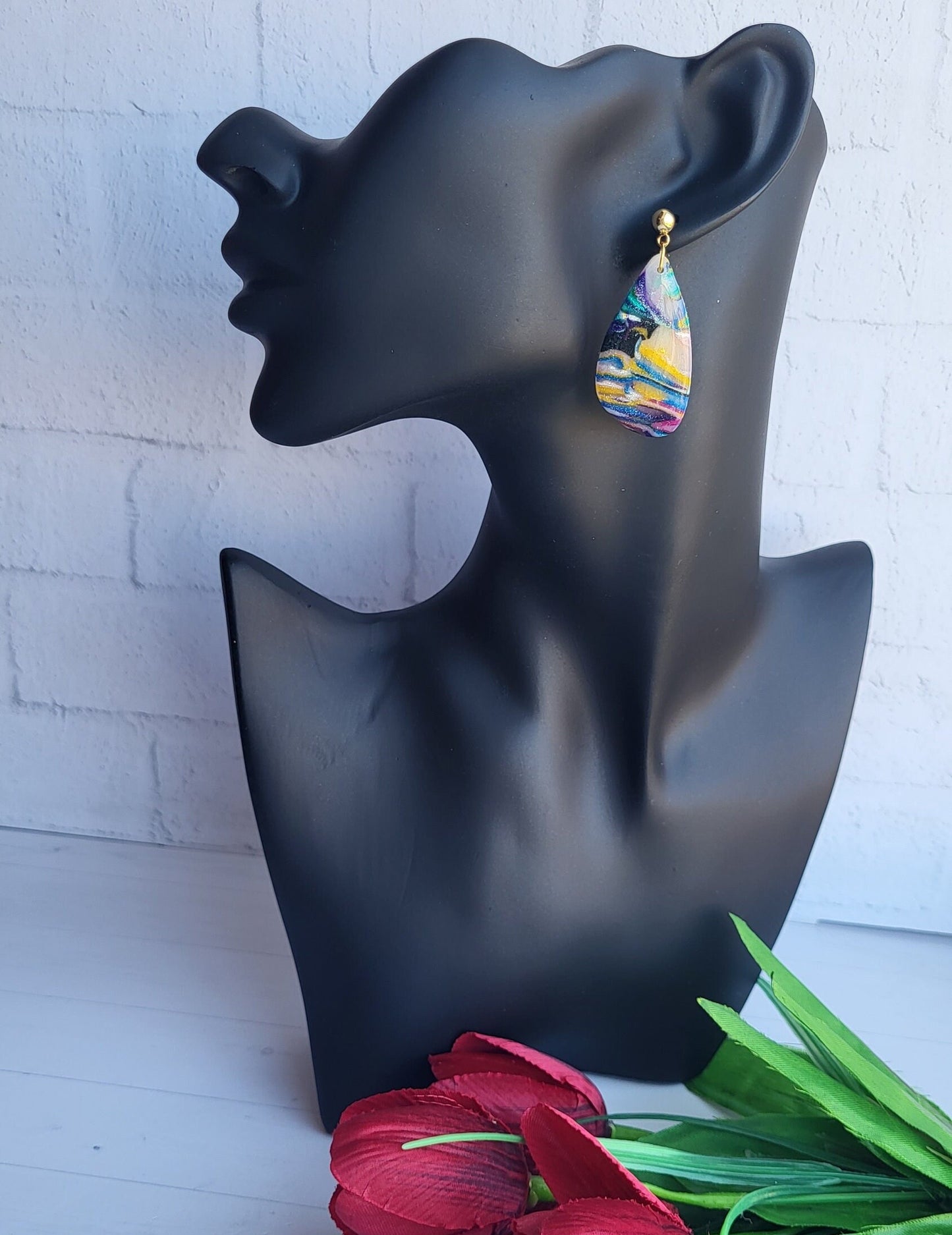 Unique Colorful Teardrop Earrings/Bohemian Art-Inspired Earrings/Abstract Design Polymer Clay Earrings/Swirl Design Polymer Earrings
