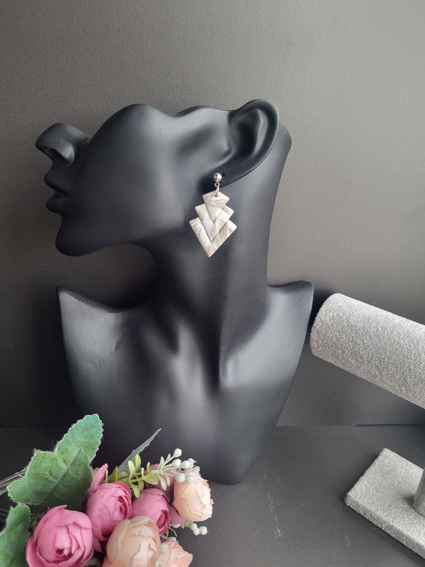 Minimalist Statement Earrings in Neutral Tones/Layered Perfection: Handmade Polymer Clay Earrings