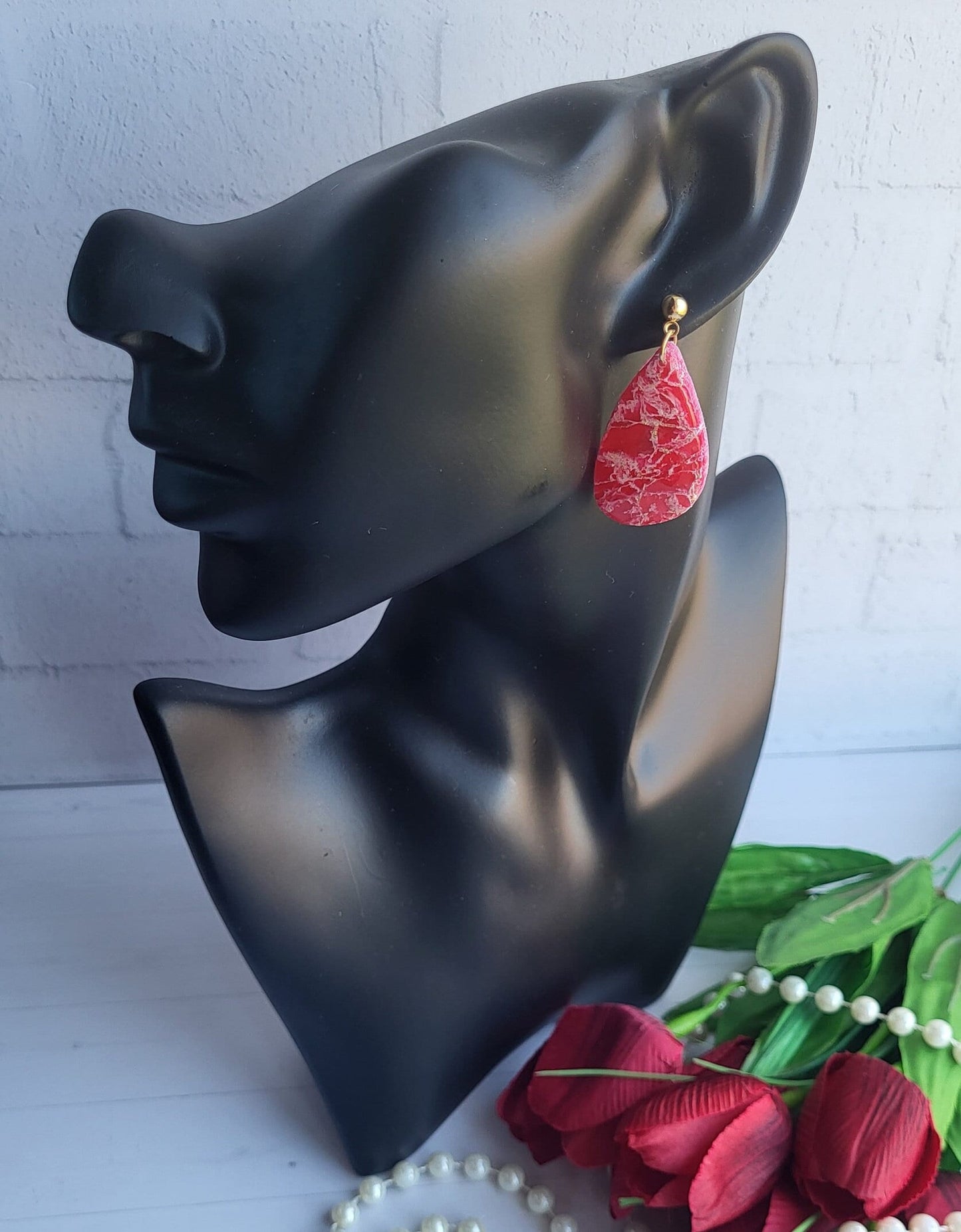 Red Marble Effect Teardrop Polymer Clay Earrings | Handmade Geometric Dangle Earrings | Unique Red Statement Earrings | Teardrop Earrings
