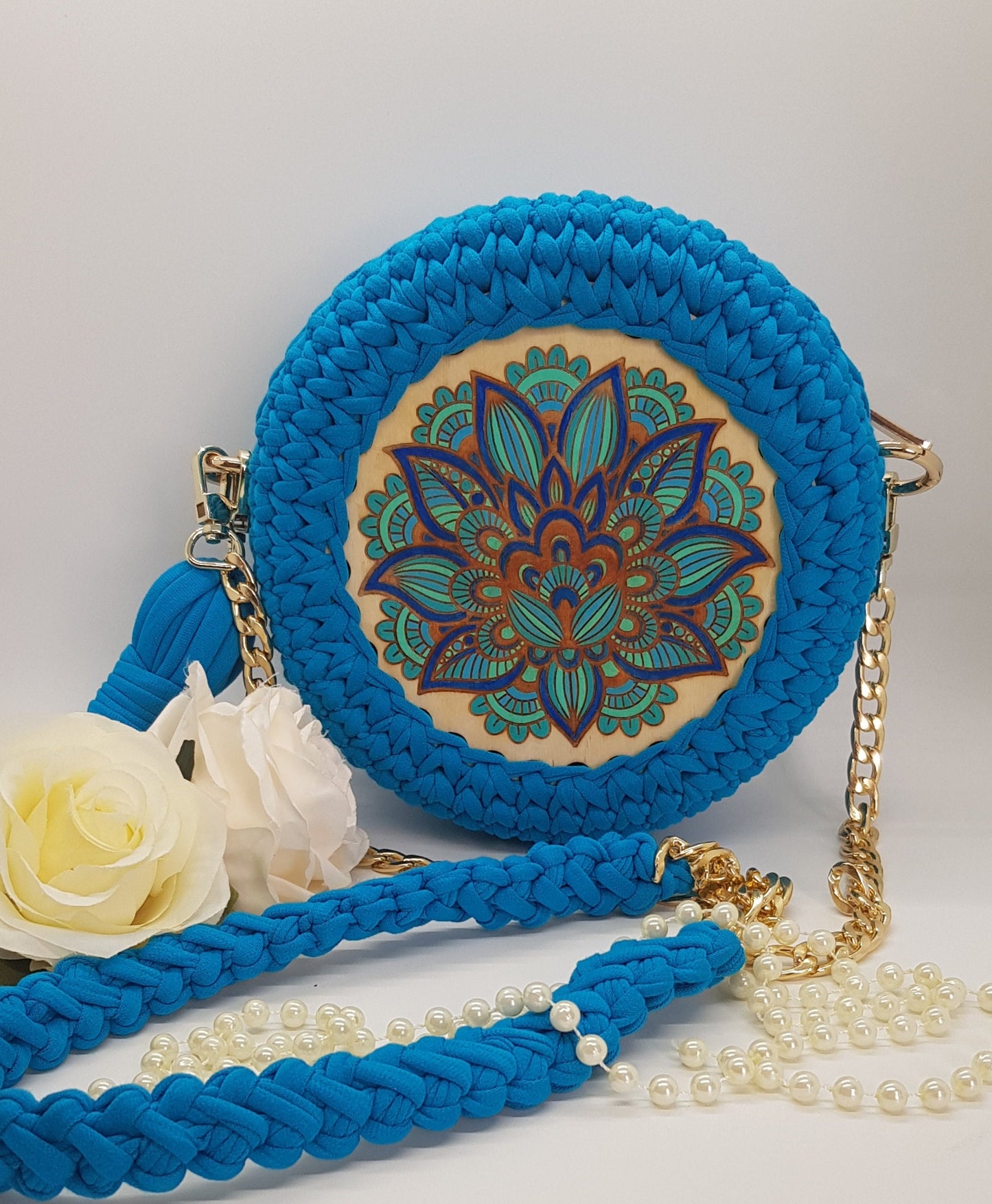 Handmade Turquoise Knitted Bag | Wooden Painted Mural Decor | 18x8 cm with Cotton Lining and Pocket | Fabric & Chain Handle | Women's Bag