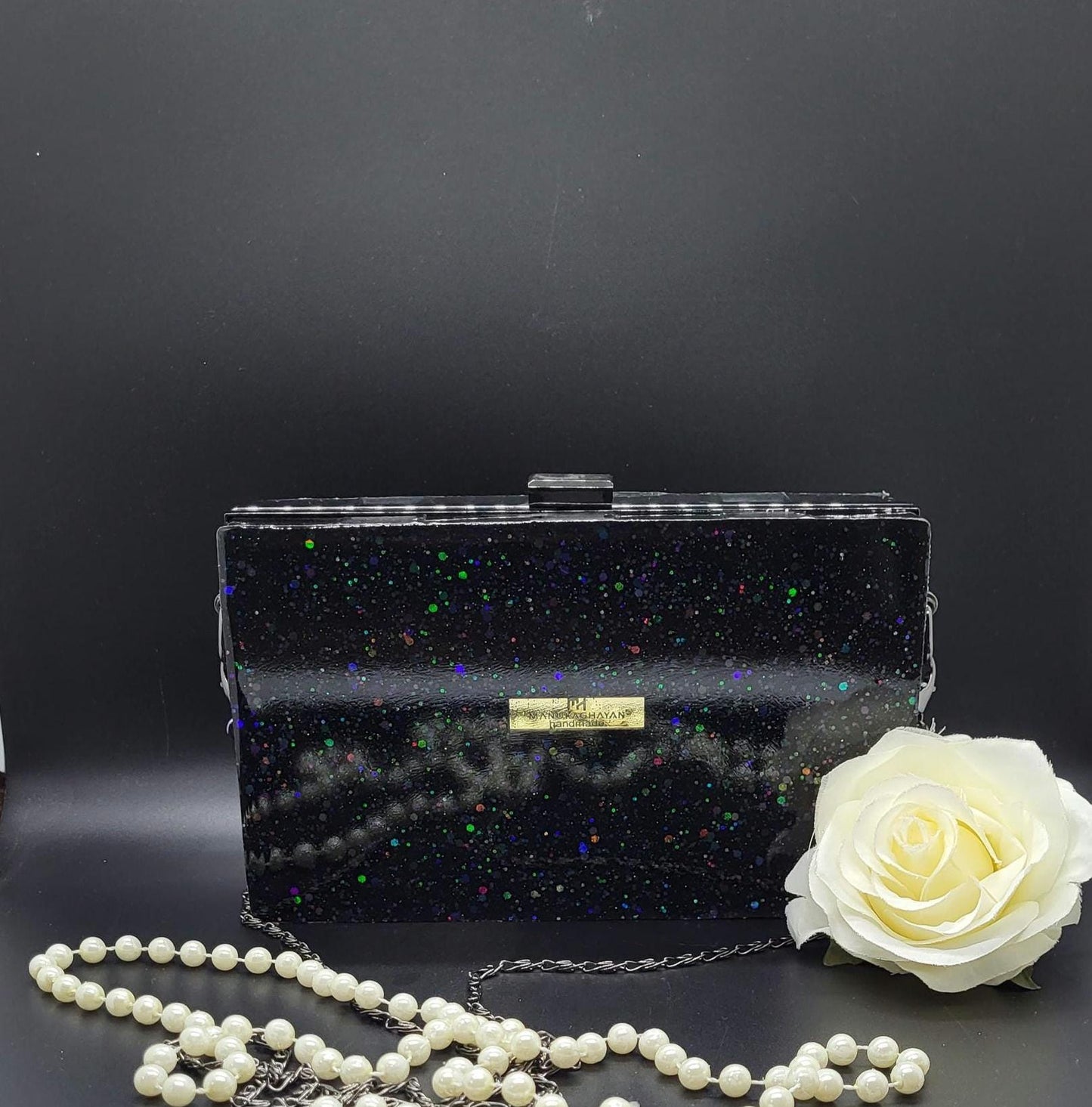 Speckled Black Epoxy Resin Clutch | Handcrafted Luxury Evening Bag | Galaxy-like Bridal Party Purse | Statement Purse for Weddings Clutch
