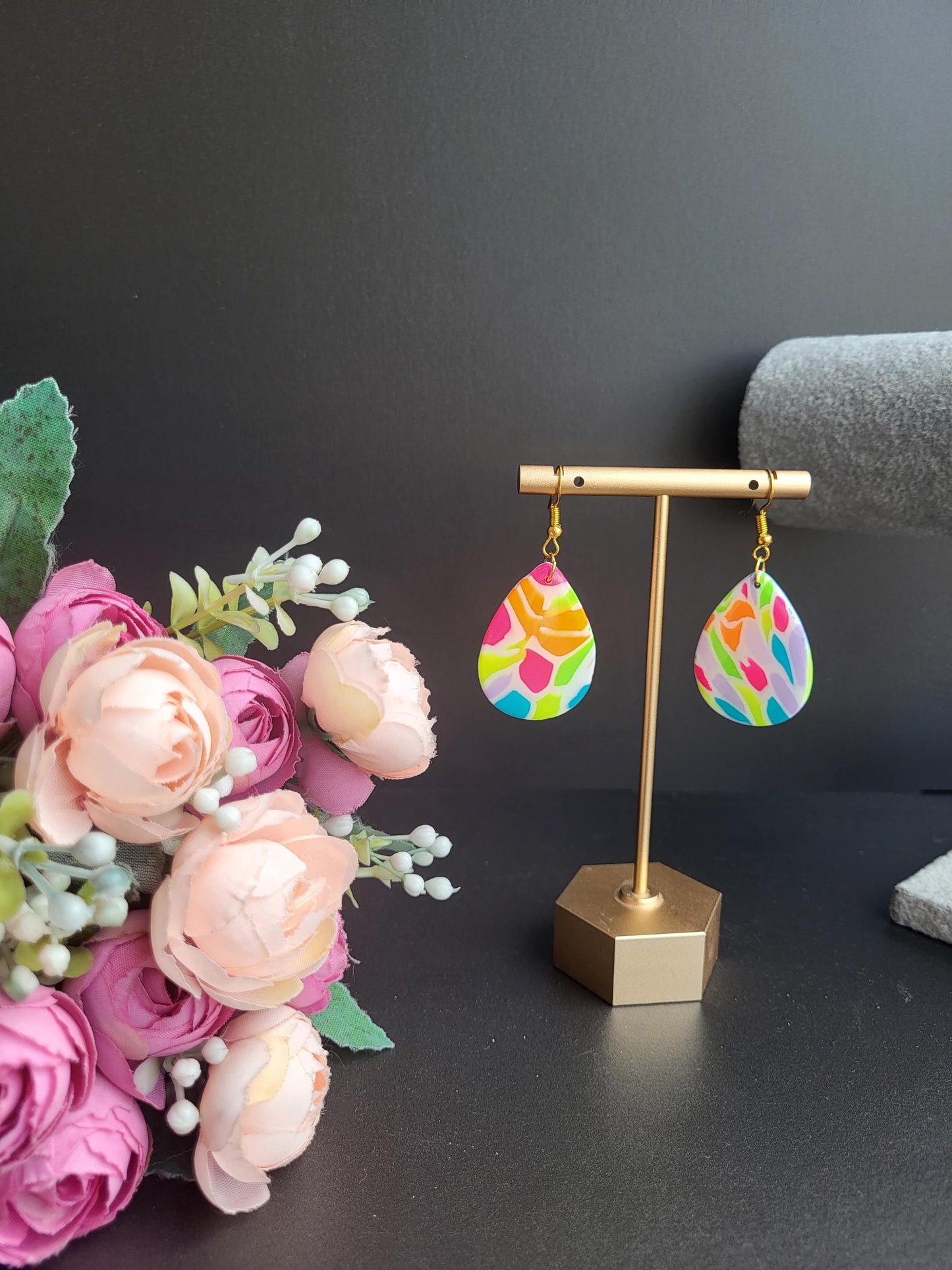 Colorful Handmade Polymer Clay Teardrop Earrings/Vibrant Abstract Polymer Clay Earrings/Handcrafted Color Splash Clay Earrings