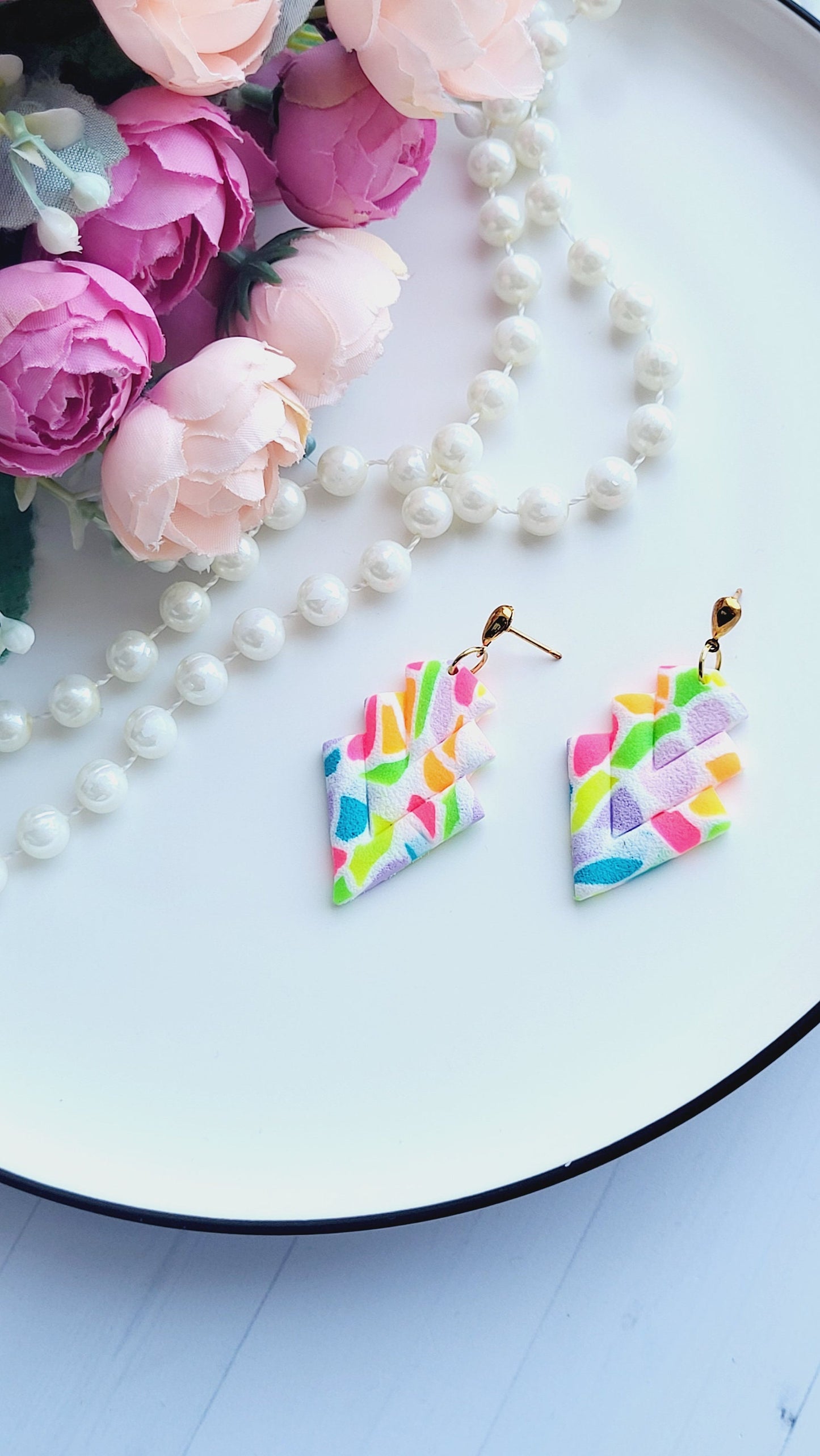 Interconnected Triangles Polymer Clay Earrings | Multicolor Earrings | Triangle Shape Colourful Polymer Clay Earrings | Christmas Gift