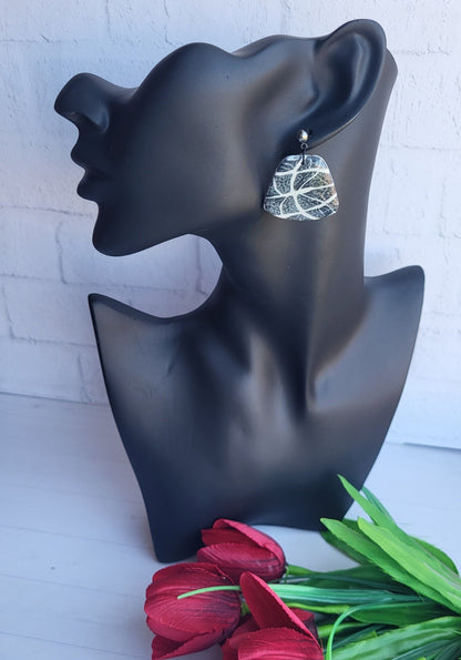 Black Leaf Pattern Polymer Clay Earrings/Geometric Statement Polymer Earrings/Contemporary Black Pattern Earrings