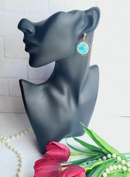 Turquoise and White Marble Earrings | Handmade Polymer Clay Earrings | Statement Dangle Round Earrings | Marbled Pattern Open Circle Dangle