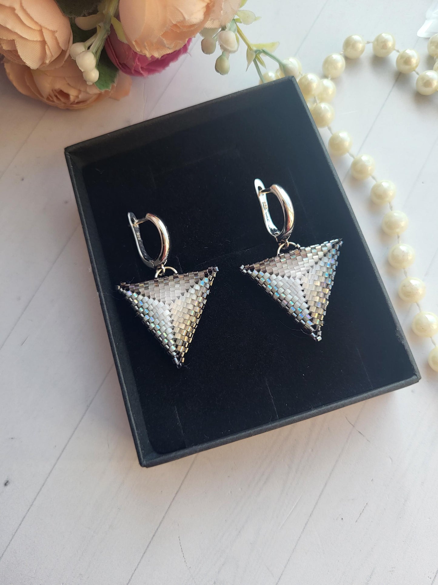 Handmade Shiny Miyuki Beaded Jewelry Set – Earrings and  Bracelet/Handwoven Triangle Earrings and Bracelet – Shiny Beaded Jewelry Set