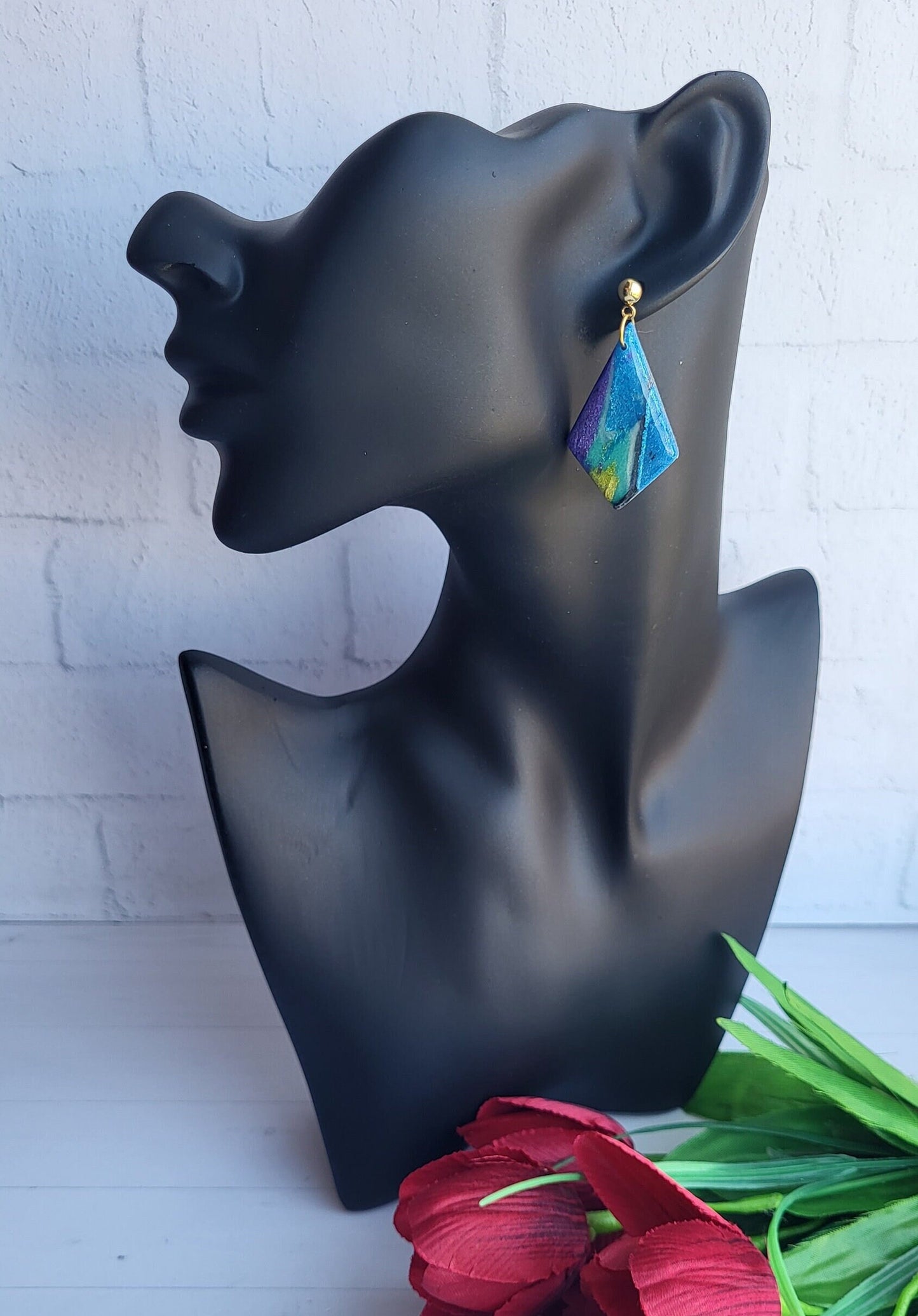 Abstract Diamond Drop Earrings/Geometric Blue Polymer Clay Earrings/Handcrafted Colorful Statement Earrings