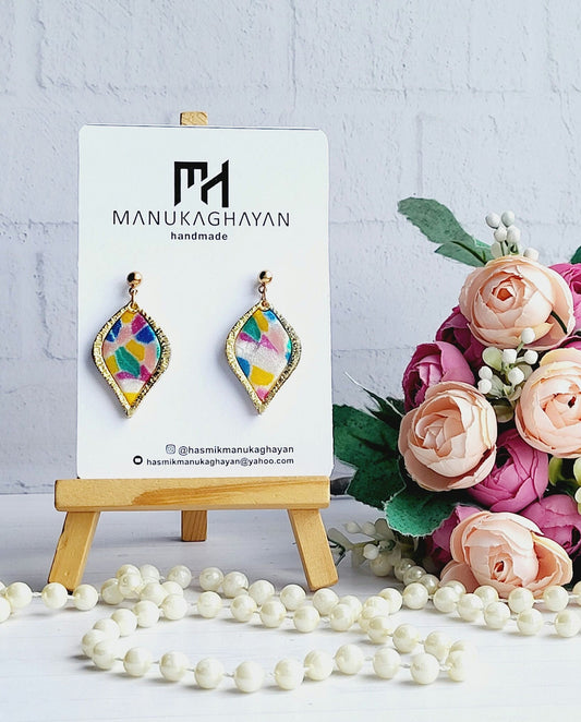 Handmade Multicolored Teardrop Polymer Clay Earrings with Gold Frame/Unique Handmade Earrings with Artistic Multicolor Motif