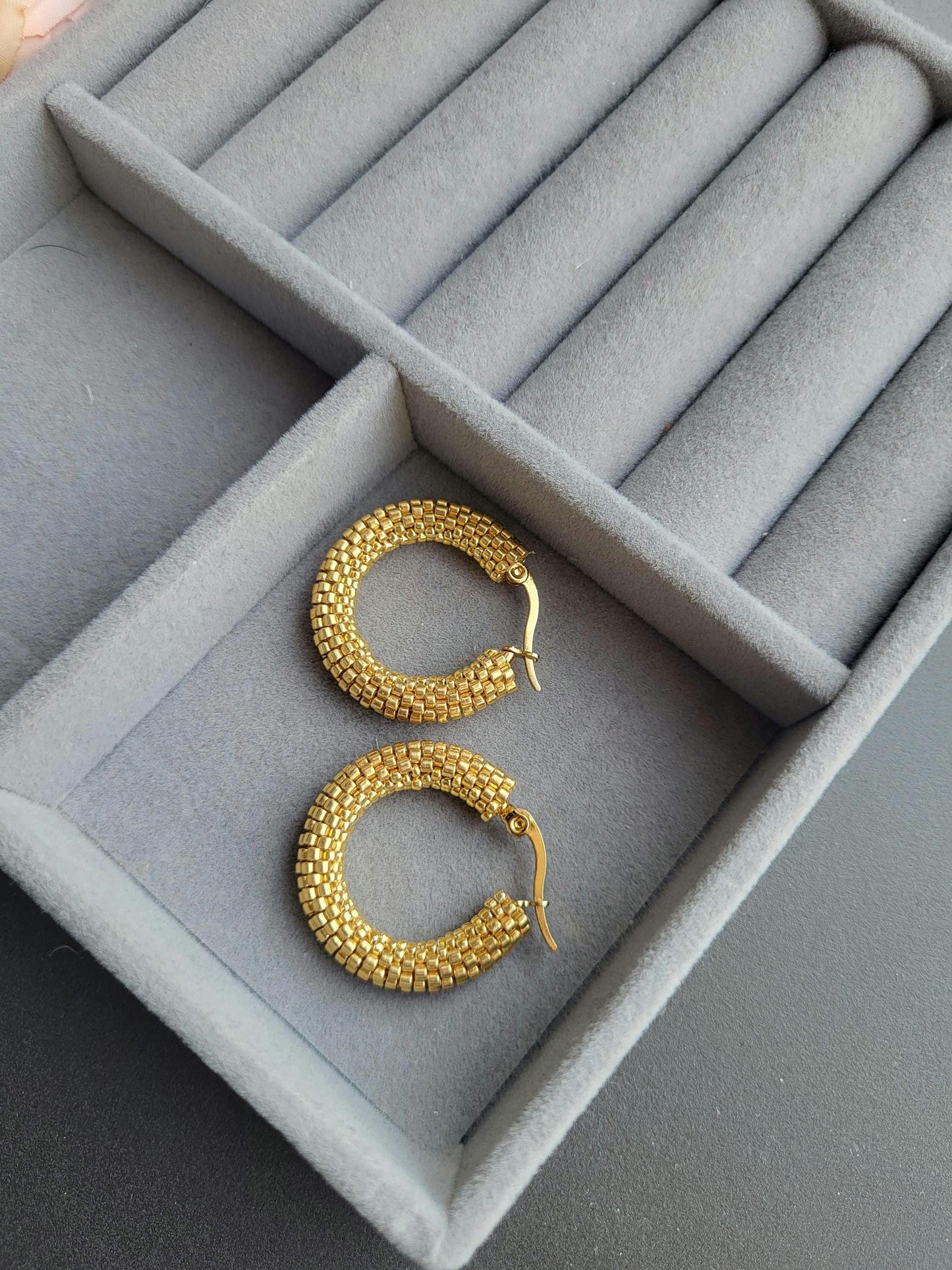 Gold Miyuki Beaded Hoops – Handcrafted Luxury/Artisan Handmade Miyuki Beaded Earrings/Sophisticated Handmade Miyuki Beaded Jewelry