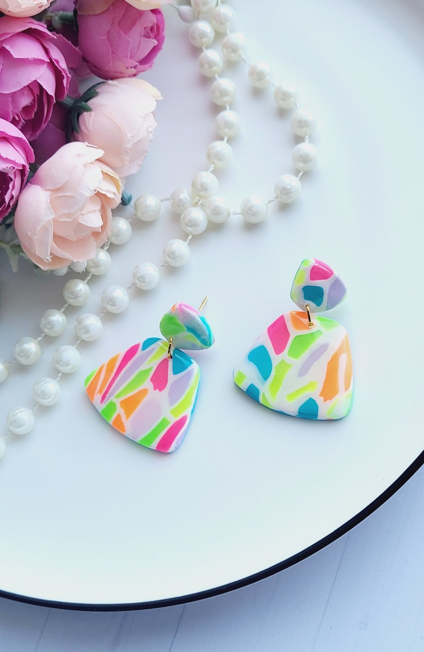 Handmade Polymer Clay Statement Earrings | Colorful Dangle Geometric Rainbow Earrings | Bright Clay Jewelry | Colorful Earrings for Women