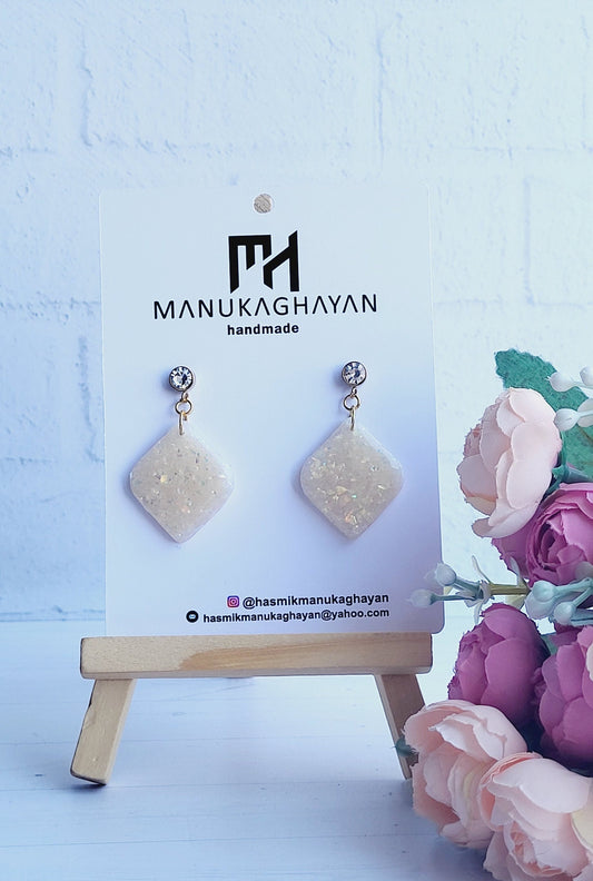 Sparkling Ivory Polymer Clay Earrings/Handmade Square Drop Glitter Earrings/Minimalist Ivory Glitter Clay Earrings