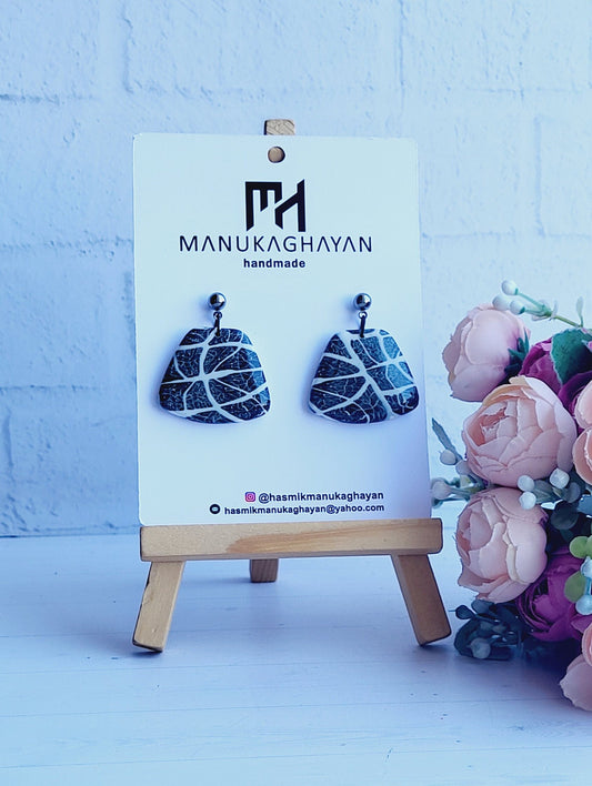 Black Leaf Pattern Polymer Clay Earrings/Geometric Statement Polymer Earrings/Contemporary Black Pattern Earrings