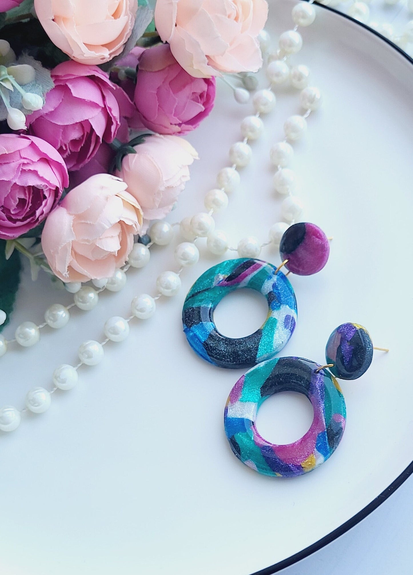 Handmade Multicolor Polymer Clay Earrings with Abstract Design/Colorful Statement Earrings for a Bold Look/