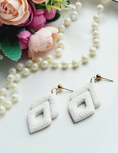 White Textured Geometric Polymer Clay Earrings/Modern Double Diamond Earrings/Unique Textured White Earrings