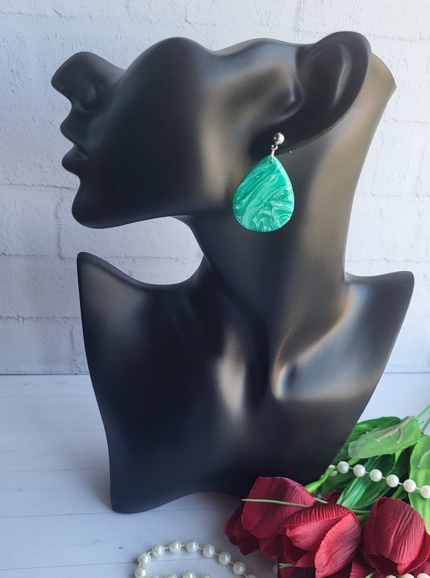 Unique Teardrop Earrings in Vibrant Green/Modern Marbled Green Teardrop Jewelry/Vivid Green Marbled Teardrop Dangle Earrings