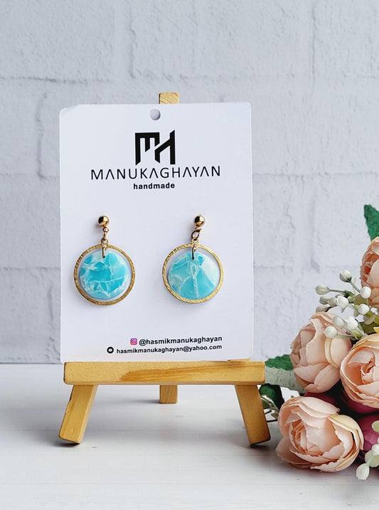 Turquoise and White Marble Earrings | Handmade Polymer Clay Earrings | Statement Dangle Round Earrings | Marbled Pattern Open Circle Dangle