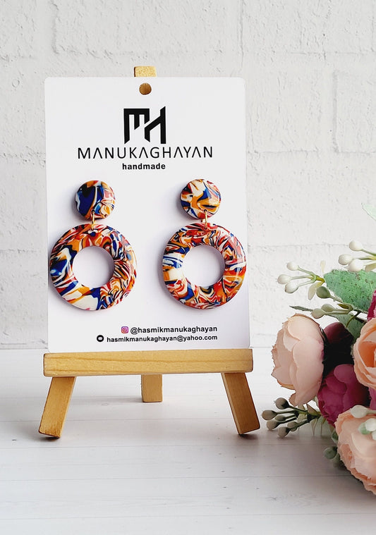 Vibrant Swirl Hoop Polymer Clay Earrings/Handcrafted Round Dangle Earrings in Abstract Colors/Colorful Abstract Circle Dangle Earrings