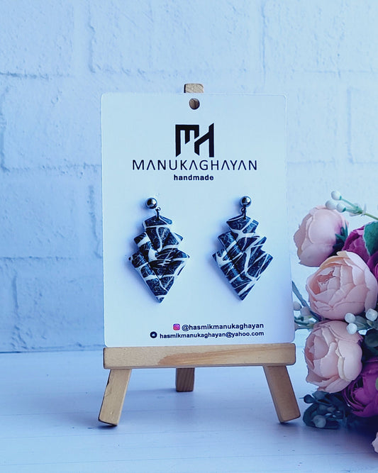 Monochrome Leaf-Inspired Polymer Clay Earrings/Geometric Textured Polymer Clay Earrings/Unique Sculpted Clay Statement Earrings