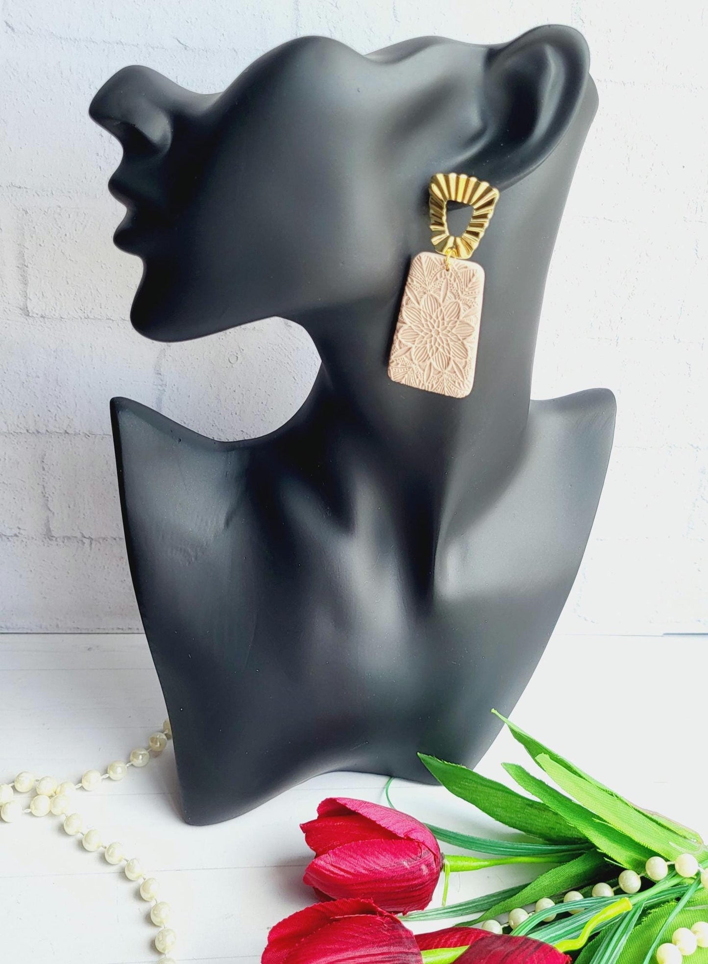 Embossed Floral Earrings | Boho Chic Jewellery | Geometric Gold and Beige Earrings | Statement Dangle Earrings | Handmade Earrings