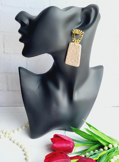 Embossed Floral Earrings | Boho Chic Jewellery | Geometric Gold and Beige Earrings | Statement Dangle Earrings | Handmade Earrings