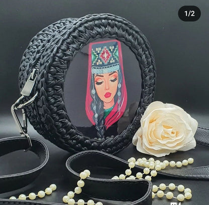 Handmade Black Knitted Bag with Chain & Fabric Handle | Wooden Painted Mural Decor | 16X6cm | High-Quality Crochet Bag | Chic Crossbody Bag
