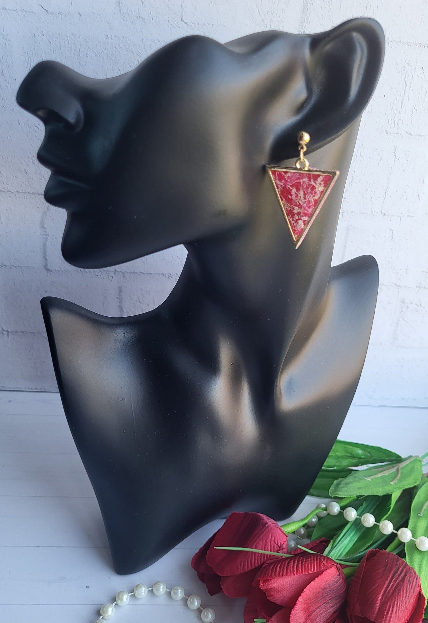 Marble Glamour Red Triangle Earrings | Hand Carved Polymer Clay | Red Marble Dangle Earrings | Handmade Triangle Earrings for Women