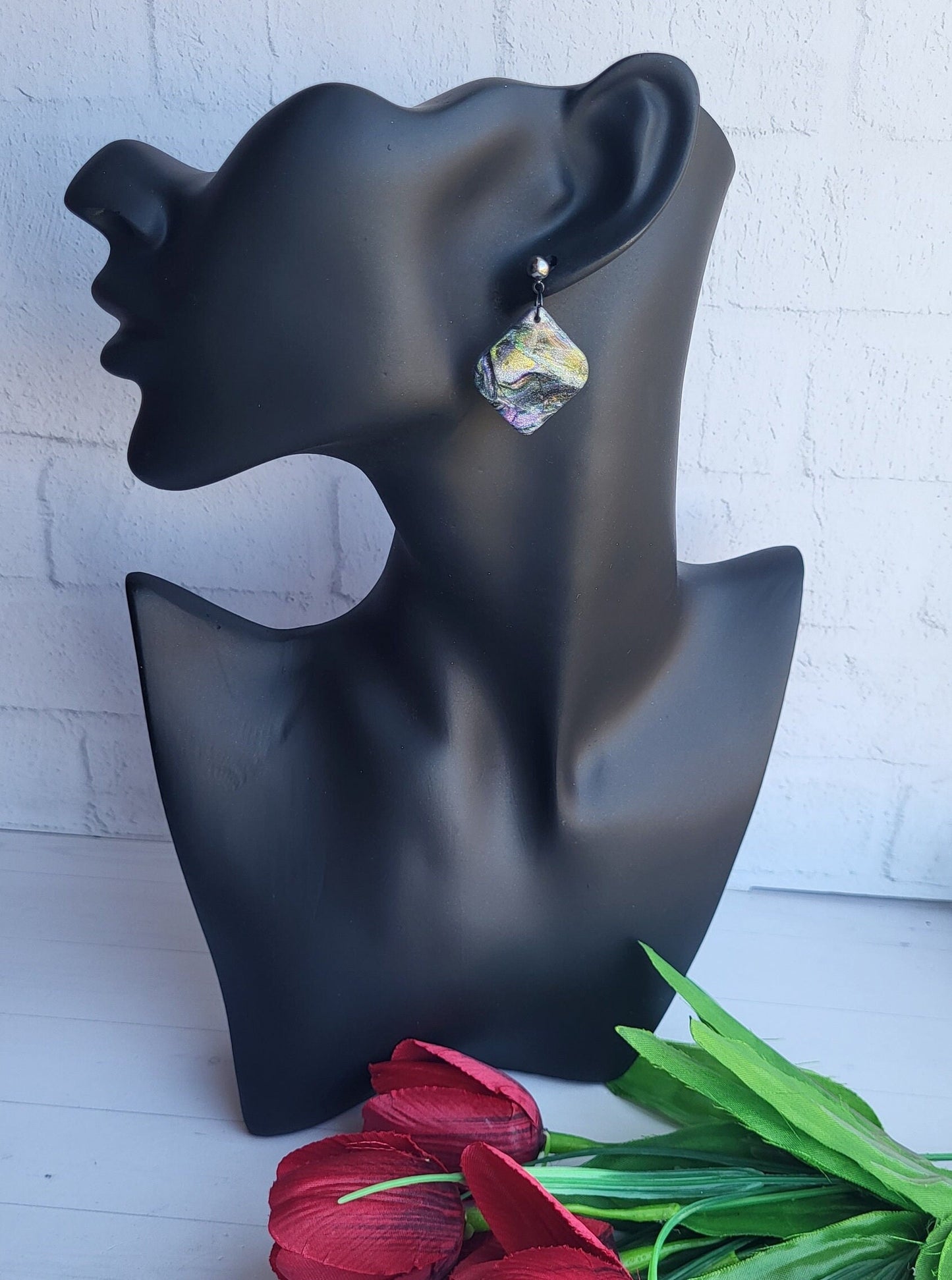 Textured Diamond-Shaped Earrings/Black and Shimmer Polymer Clay Jewelry/Elegant Iridescent Polymer Earrings/Shimmering Statement Earrings