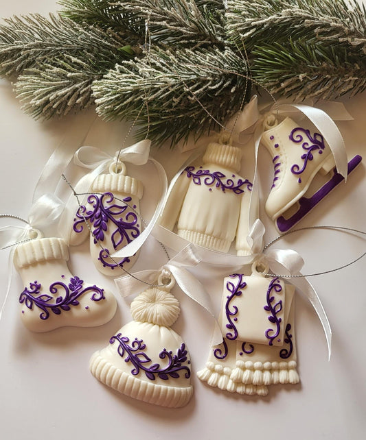 White and Purple Epoxy Resin Ornaments for Festive Holiday Decor/Handcrafted Epoxy Resin Christmas Charms in White and Purple