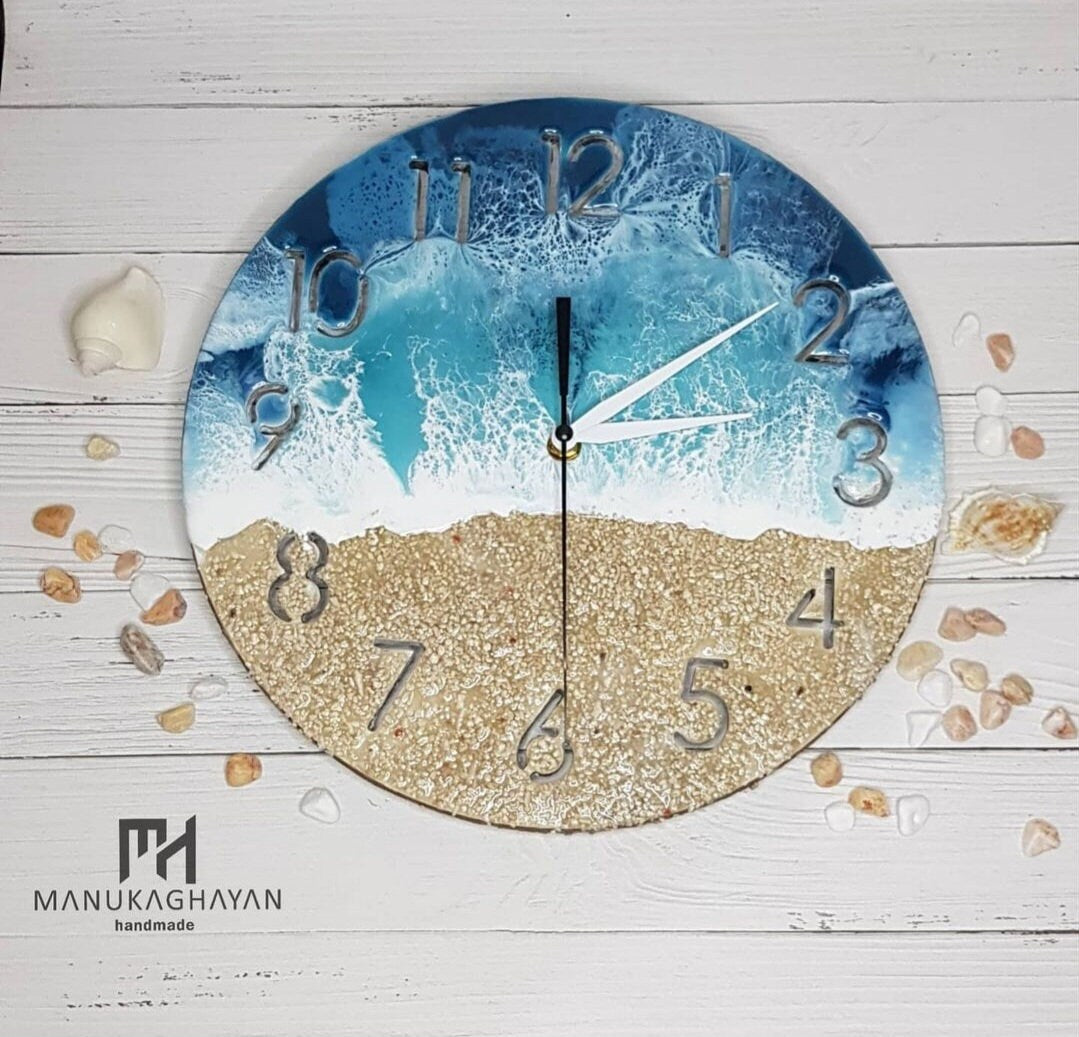 Blue Ocean Resin Art Wall Clock | Beach Themed Ocean Clock | Nautical Home Decor | Epoxy Wave Sea Painting | Beach House Decor Gift