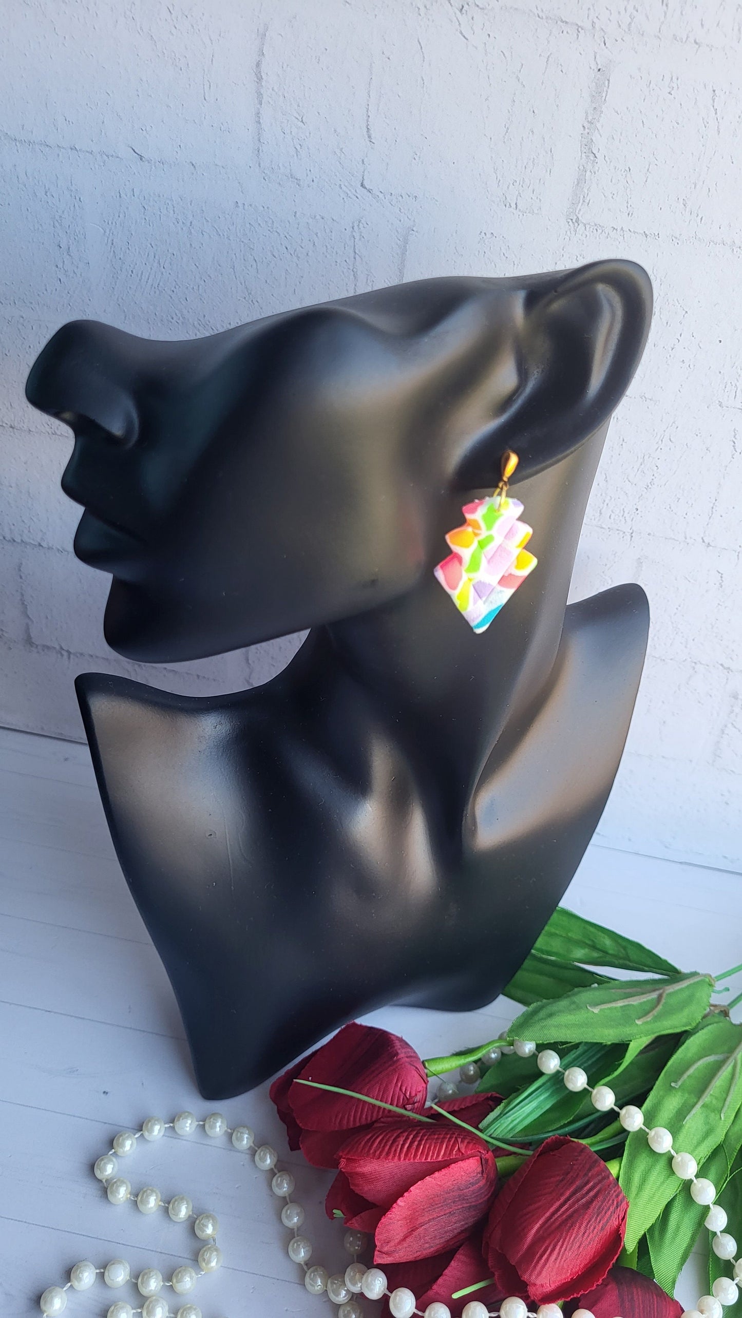 Interconnected Triangles Polymer Clay Earrings | Multicolor Earrings | Triangle Shape Colourful Polymer Clay Earrings | Christmas Gift