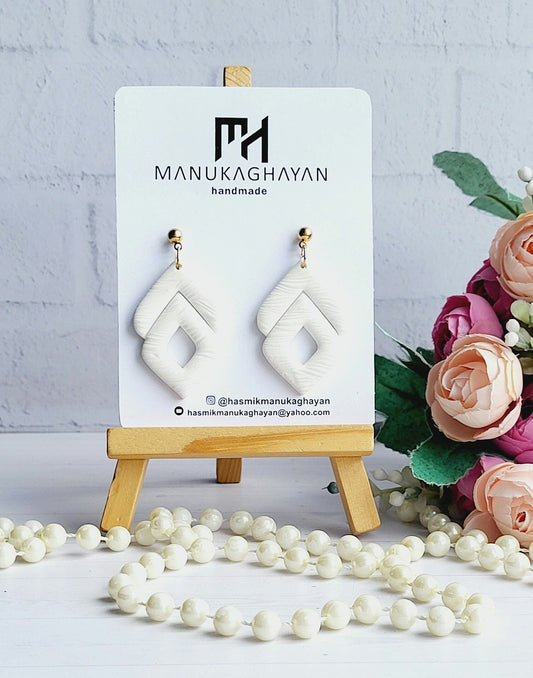 White Textured Geometric Polymer Clay Earrings/Modern Double Diamond Earrings/Unique Textured White Earrings