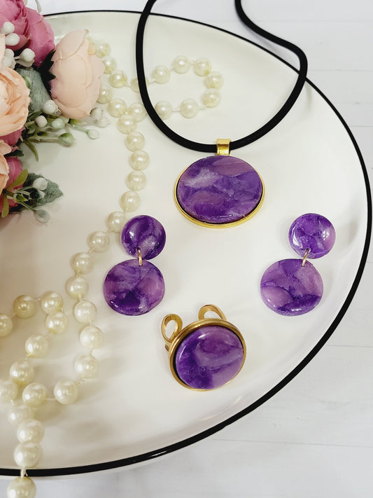 Handcrafted Polymer Clay Earrings Set | Round Statement Jewelry | lightweight Circle Pendant Necklace | Stylish Ring & Earrings Gift
