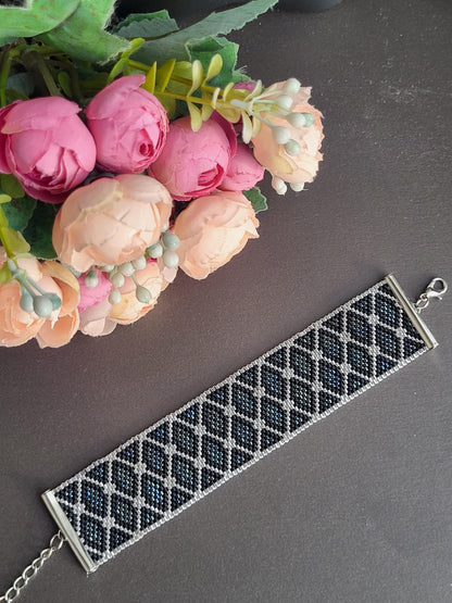 Handmade Miyuki Beaded Bracelet – Silver, Black and Blue Tones/Miyuki Glass Beaded Bracelet – Timeless Silver and Blue Elegance