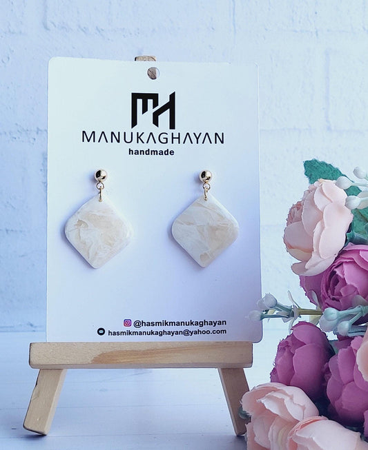 Elegant Marble-Effect Polymer Clay Earrings/Minimalist Square Dangle Earrings in Neutral Tones/Handcrafted Lightweight Polymer Clay Jewelry