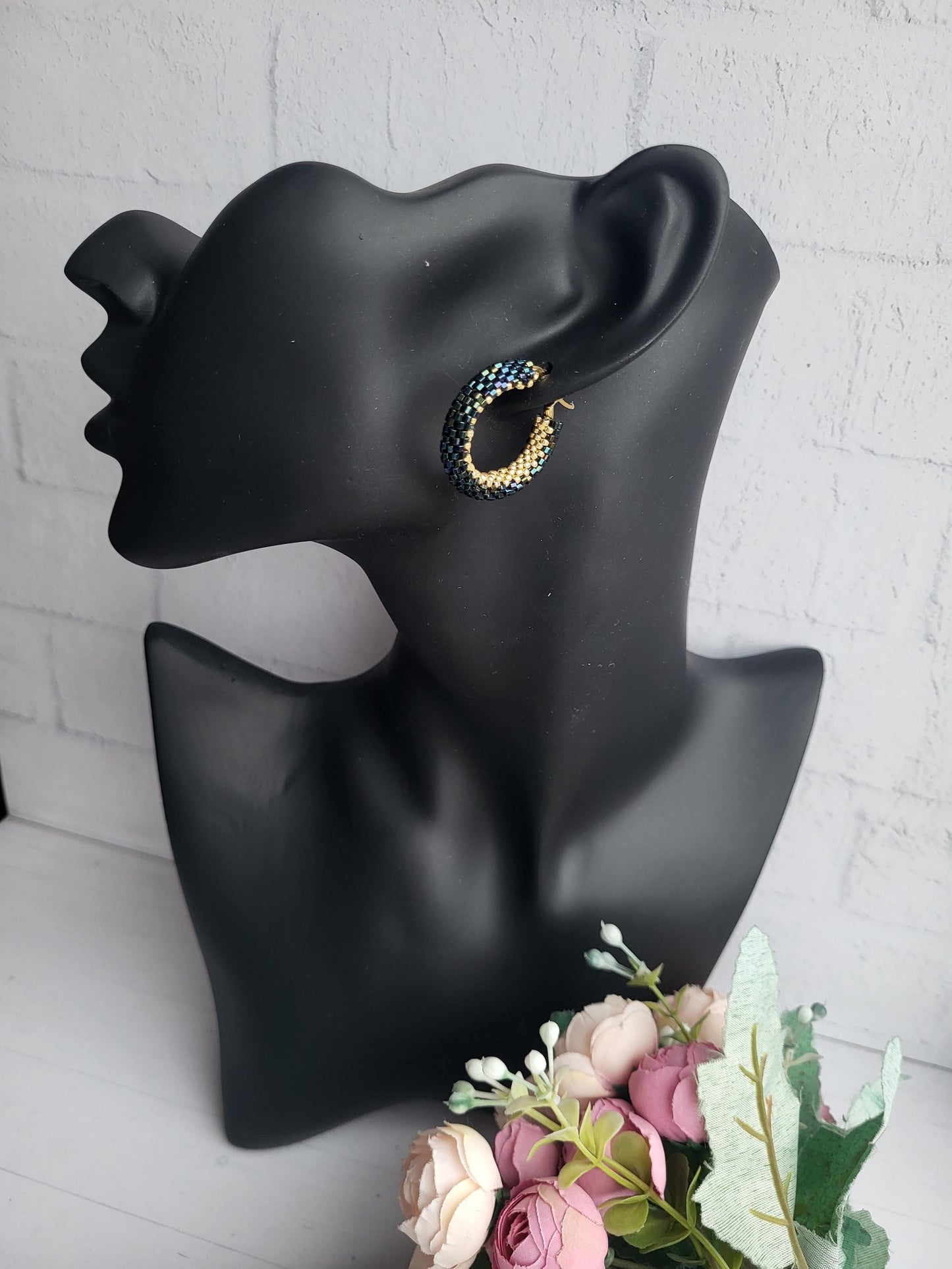 Elegant Greenish-Blue & Gold Miyuki Beaded Hoop Earrings/Chic Beaded Hoop Earrings – Greenish-Blue  and  Gold Miyuki Beads