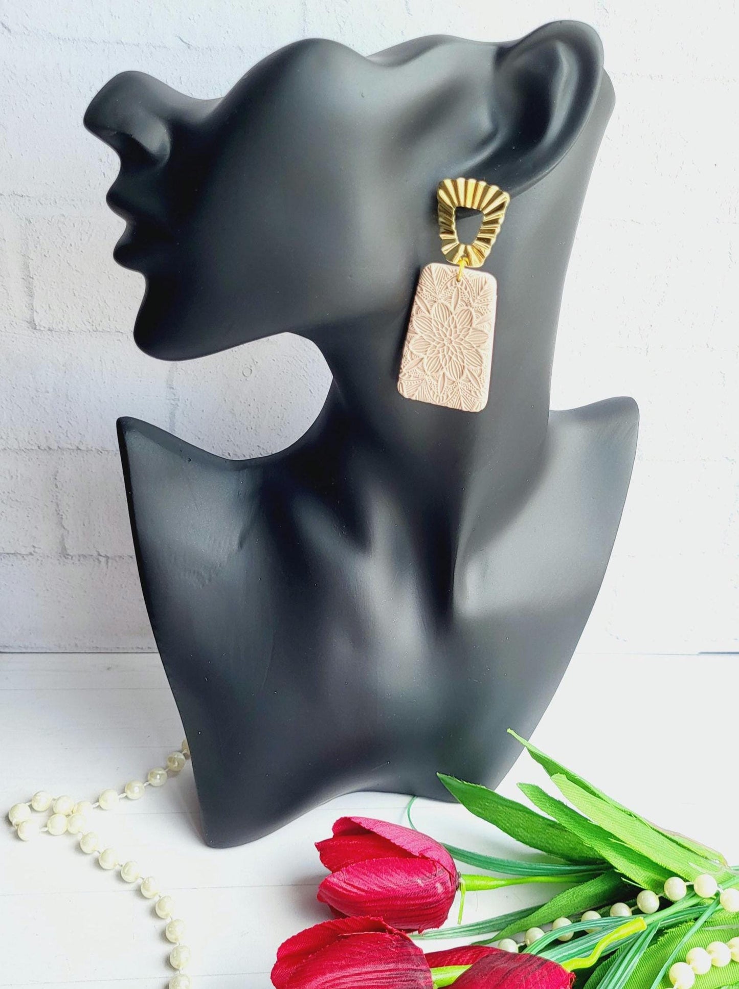 Embossed Floral Earrings | Boho Chic Jewellery | Geometric Gold and Beige Earrings | Statement Dangle Earrings | Handmade Earrings