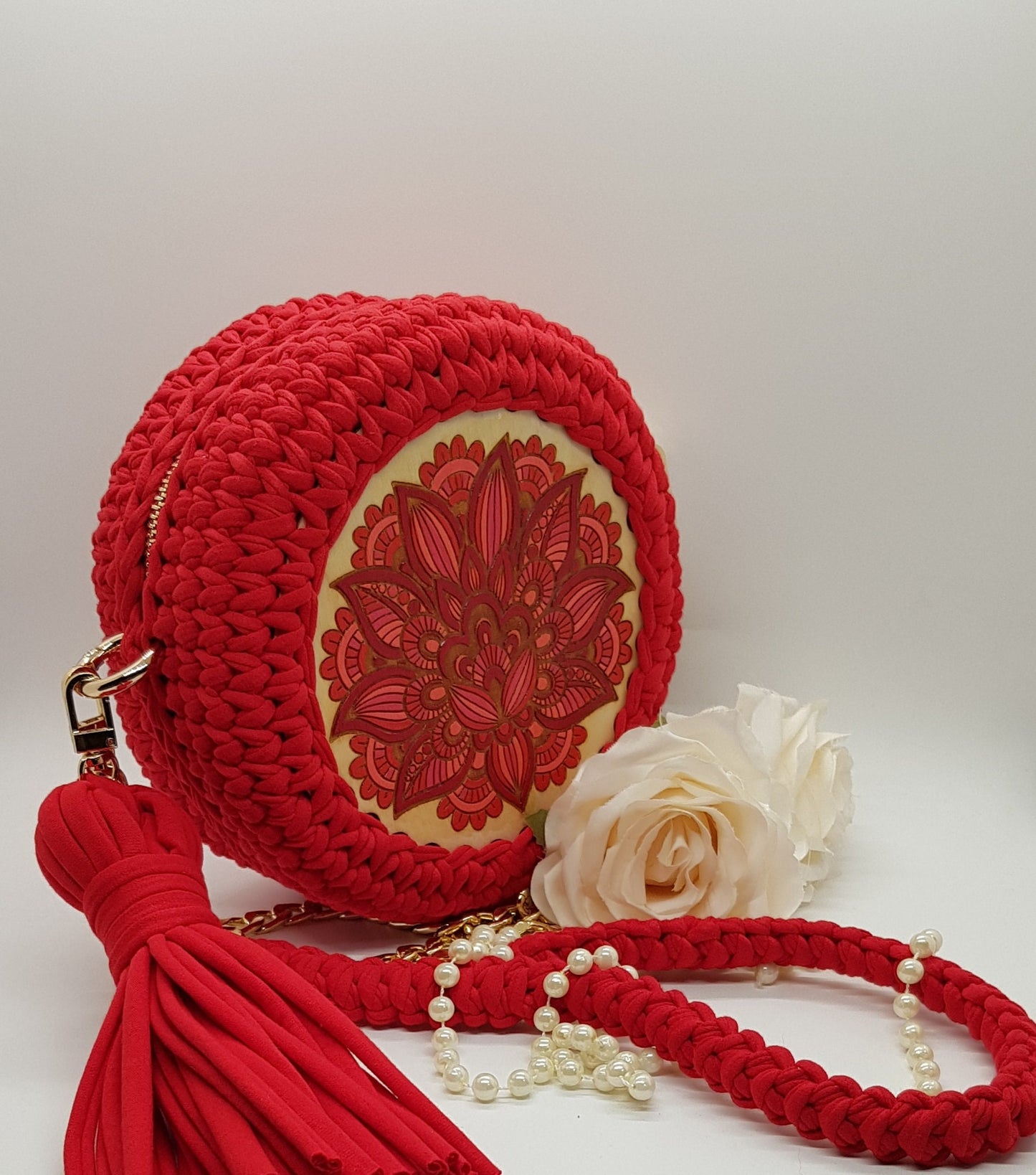 WOODEN DECOR BAG | Handmade Knitted Bag | Red Round Bag | Cotton Purse Bag | Vibrant Red Casual Artistic Handmade Decorative Bag