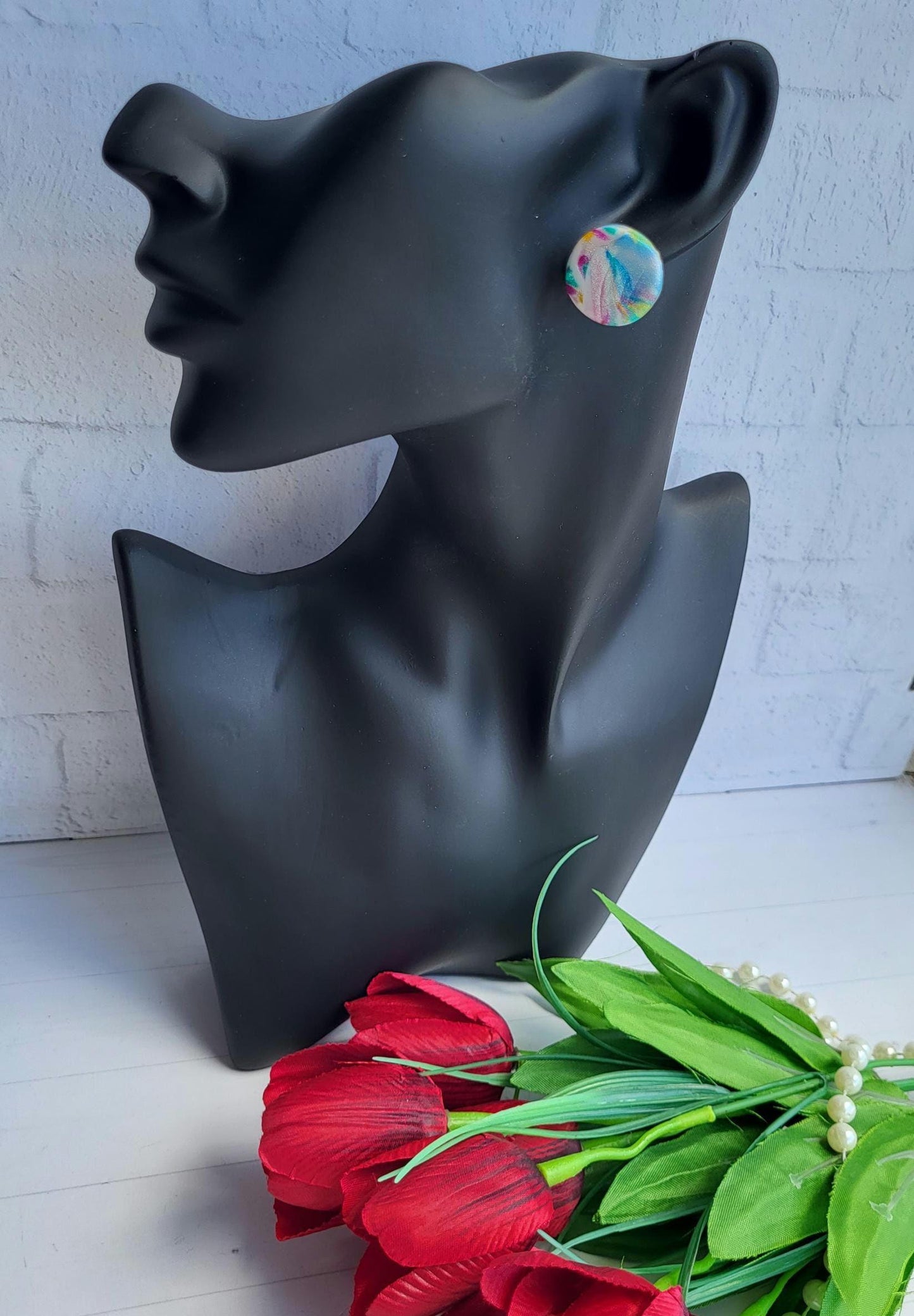 Artistic Small Earrings with Glossy Multicolor Design/Minimal Round Polymer Clay Earrings for Everyday Wear