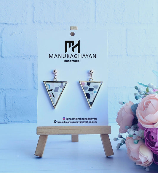 Unique Triangle Earrings with Abstract Patterns/Artistic Polymer Clay Earrings with Terrazzo Details