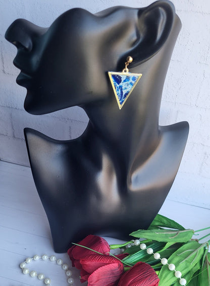 Contemporary Handmade Earrings with Blue Marble Triangle Design/Trendy Handmade Earrings Featuring Bold Geometric Shapes