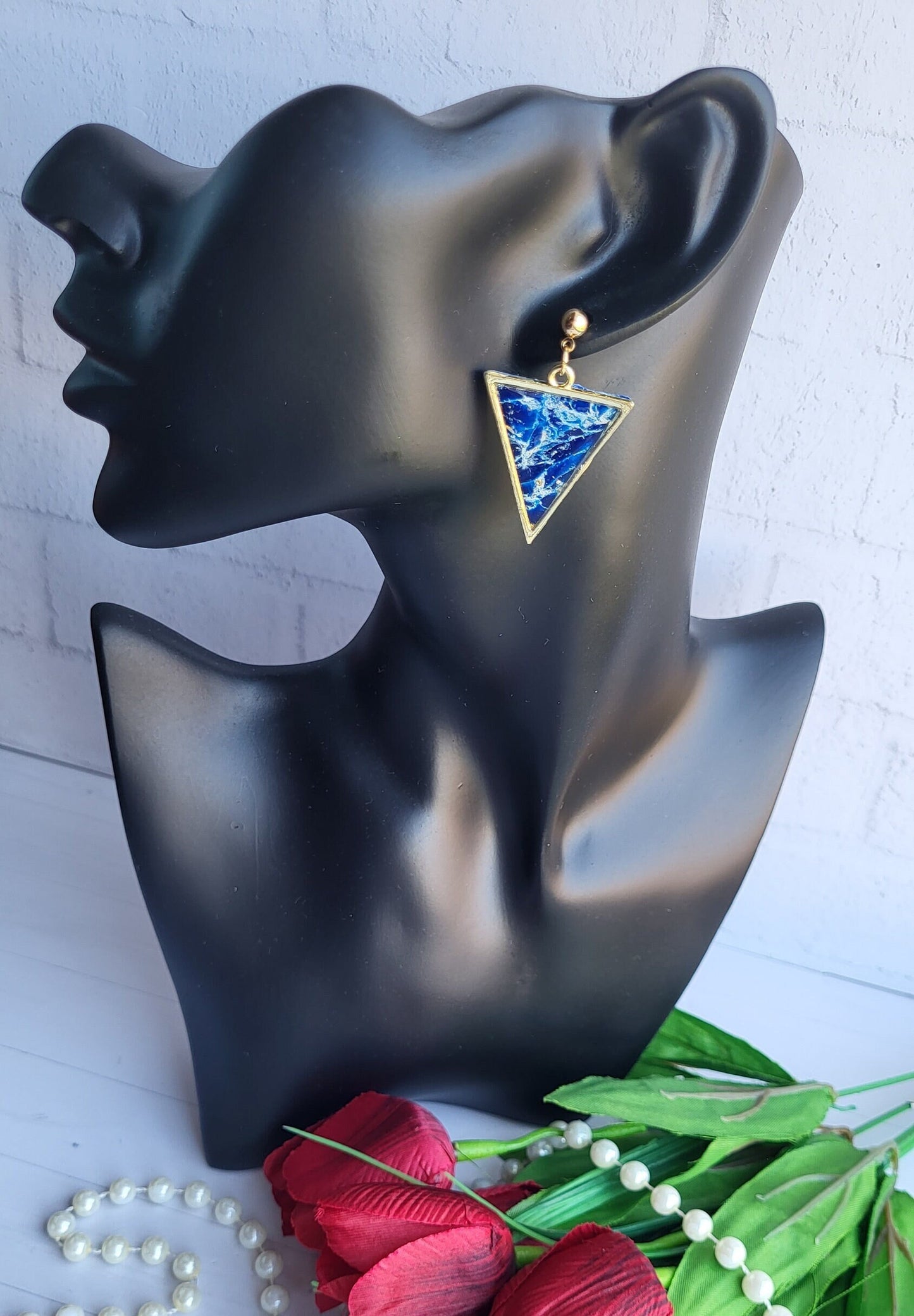 Contemporary Handmade Earrings with Blue Marble Triangle Design/Trendy Handmade Earrings Featuring Bold Geometric Shapes