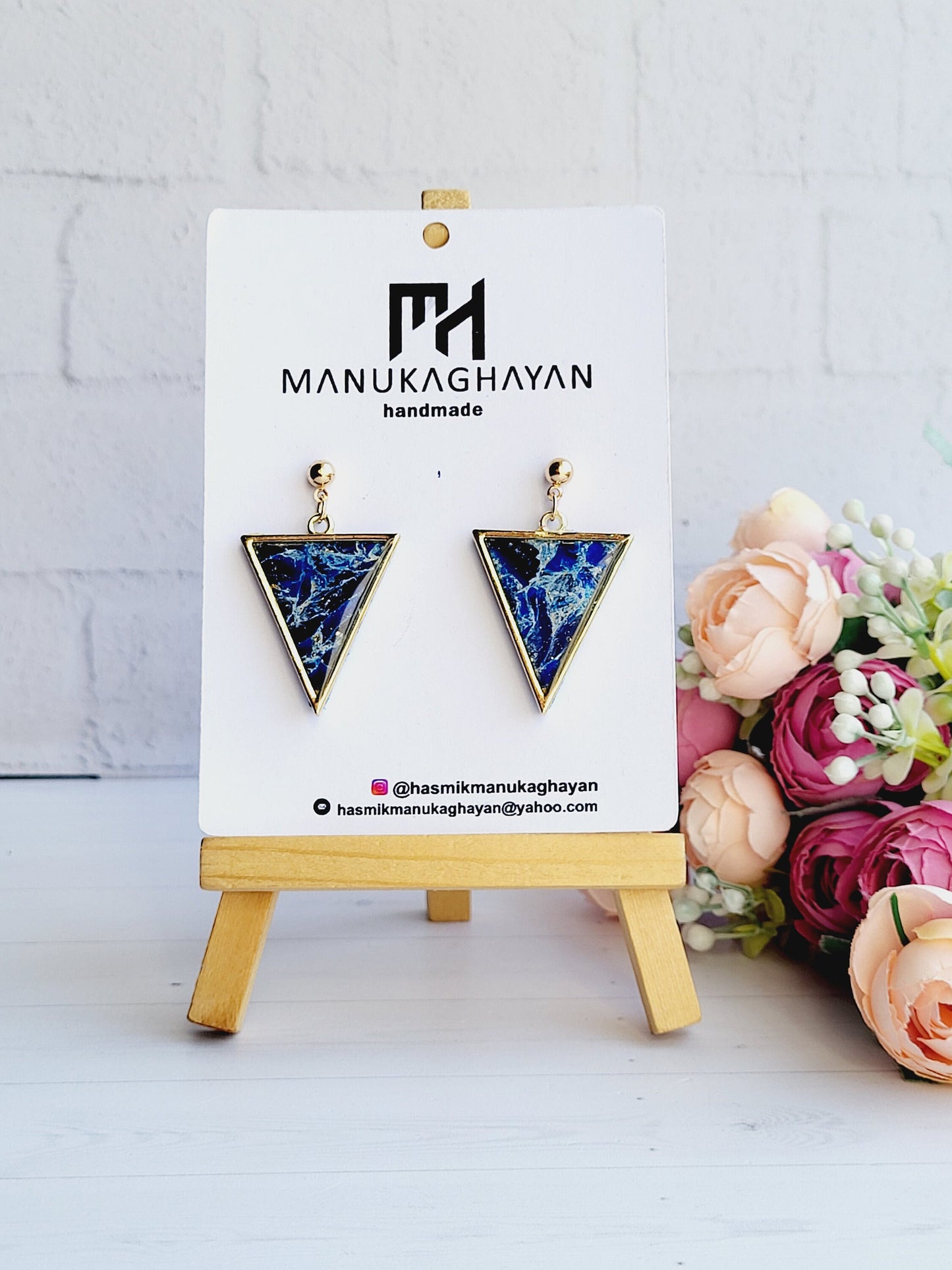 Contemporary Handmade Earrings with Blue Marble Triangle Design/Trendy Handmade Earrings Featuring Bold Geometric Shapes