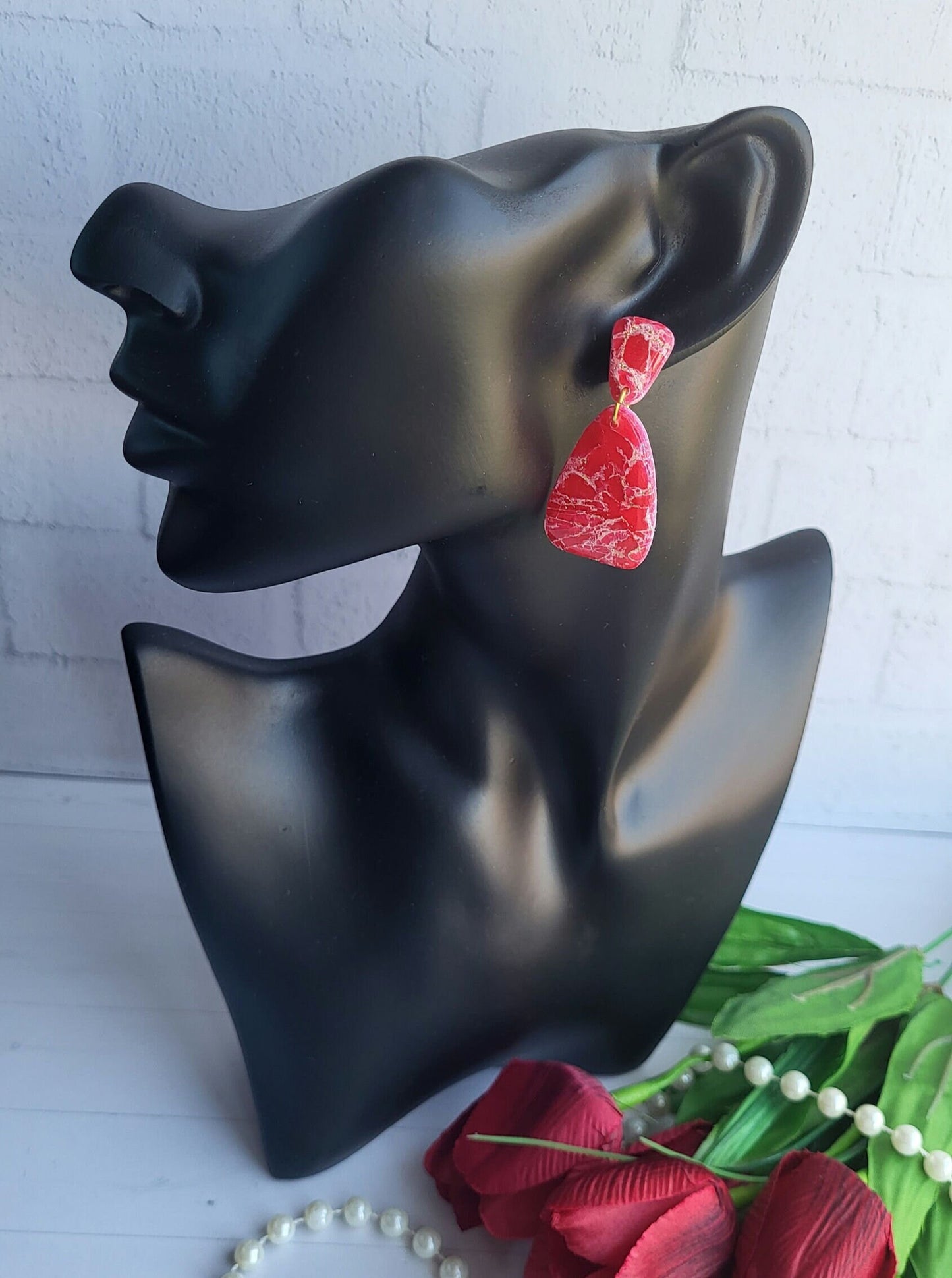 Bold Red Handmade Polymer Clay Earrings/Marbled Red Statement Dangle Earrings/Red Marble Effect Drop Earrings/Handcrafted Red Chic Earrings