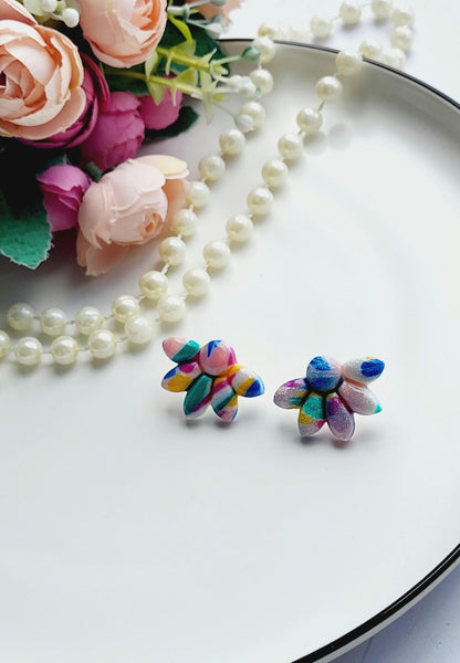 Handmade Multicolored Floral Polymer Clay Earrings/Artistic Flower-Shaped Earrings with Vibrant Colors