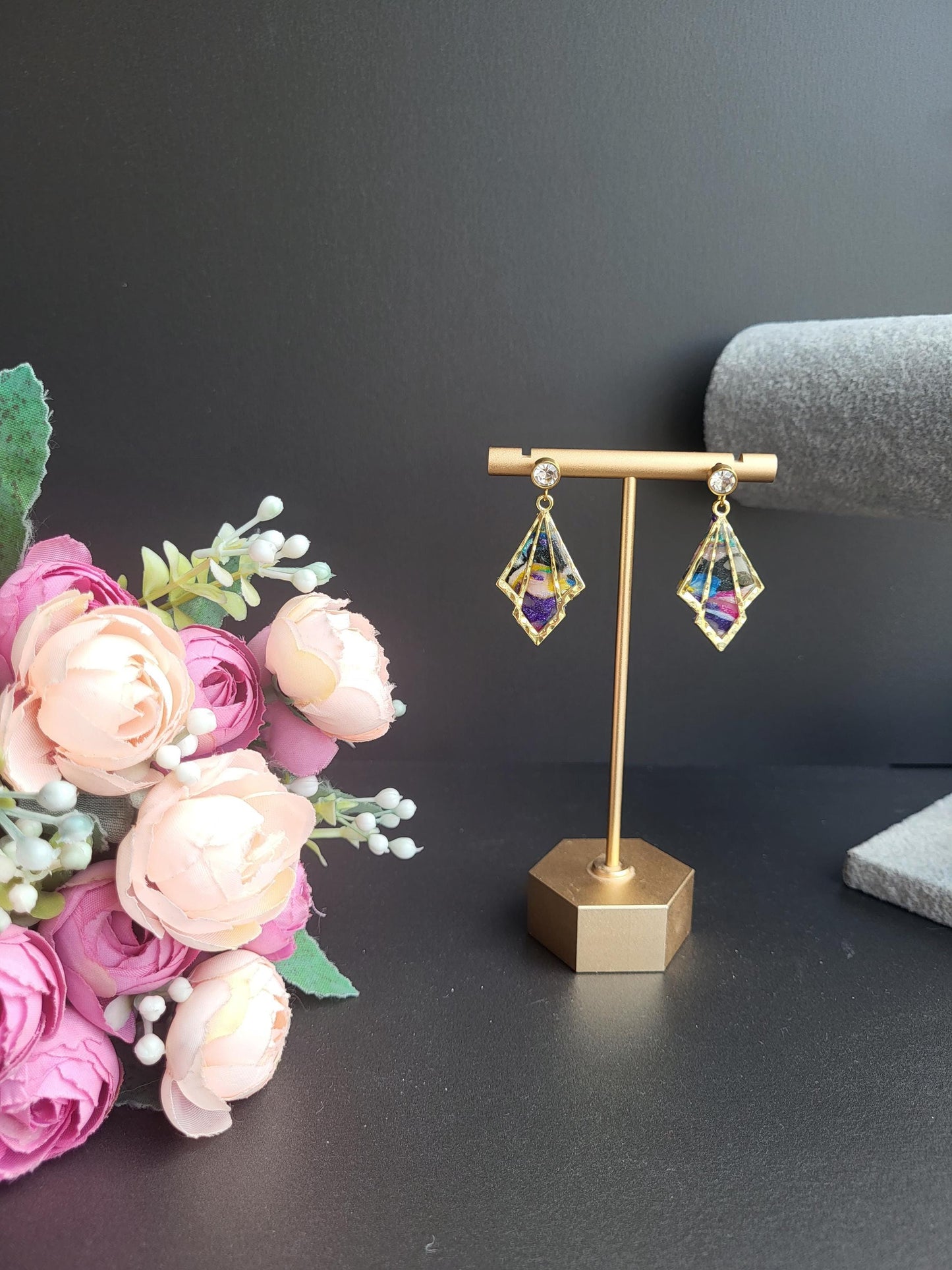 Unique Multicolor  Polymer Earrings/Geometric Drop Earrings with Embedded Colors/Colorful Statement Earrings with Elegant Gold Detail