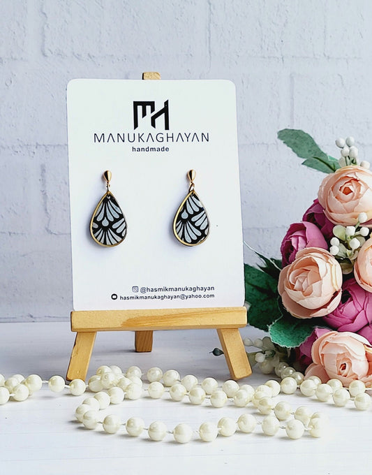 Black and White Polymer Clay Teardrop Earrings | Handmade Minimalist Jewelry | Daily Statement Earrings | Daily Wear Drop Earrings