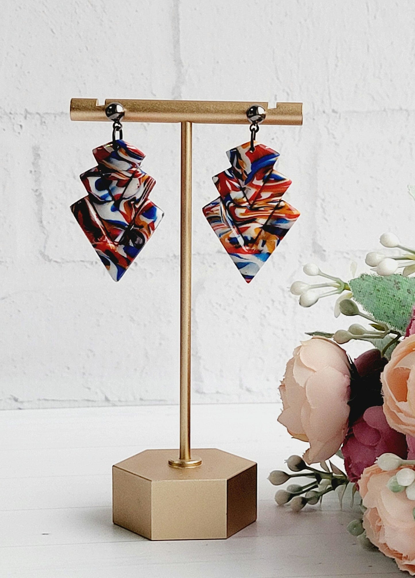 Marbled Artistry Polymer Clay Earrings/Geometric Mosaic Statement Dangles/Handmade Multicolor Geometric Drops