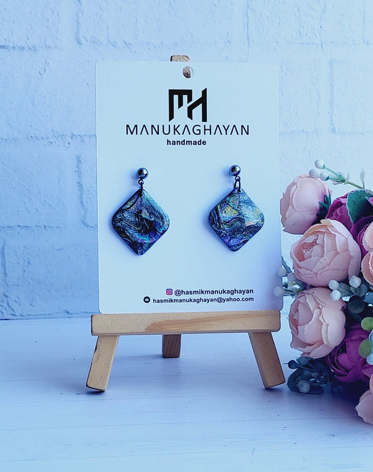 Textured Diamond-Shaped Earrings/Black and Shimmer Polymer Clay Jewelry/Elegant Iridescent Polymer Earrings/Shimmering Statement Earrings