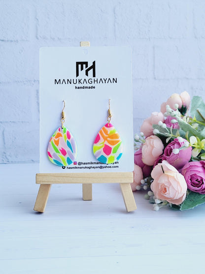 Colorful Handmade Polymer Clay Teardrop Earrings/Vibrant Abstract Polymer Clay Earrings/Handcrafted Color Splash Clay Earrings